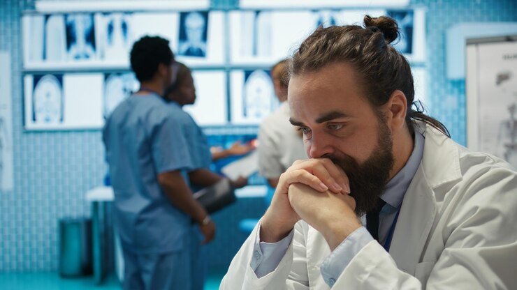 Foto grátis médico preocupado sentindo-se cansado e lutando com análises para um diagnóstico