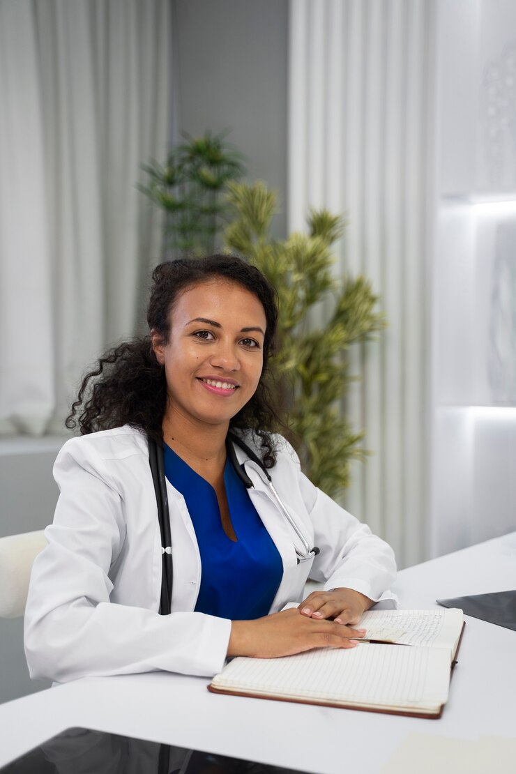 Foto grátis médico sorridente de tiro médio trabalhando