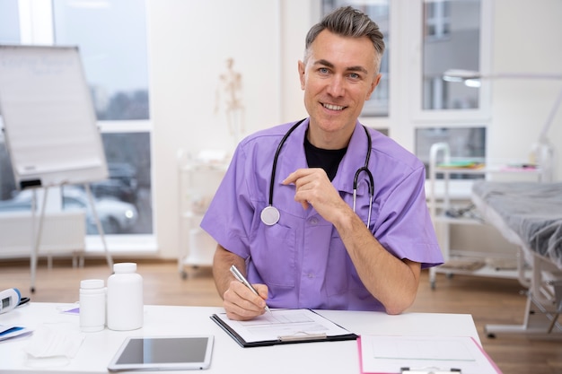 Foto grátis médico trabalhando em sua clínica