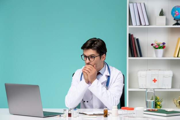 Médico trabalhando remotamente no computador, médico inteligente bonitinho em jaleco cobrindo a boca