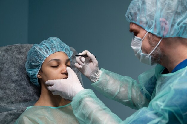 Médico verificando o paciente antes da vista lateral da rinoplastia