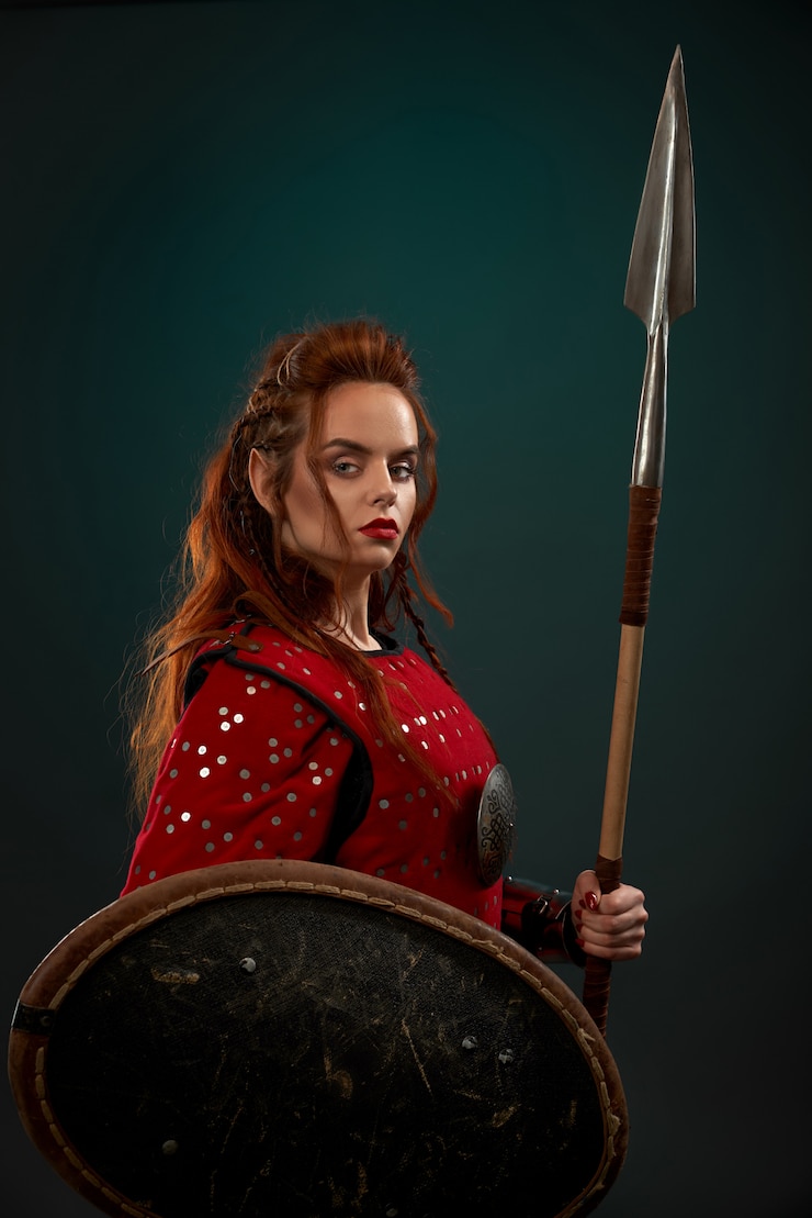 Foto grátis medieval guerreira posando com lança, escudo.