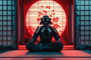 Foto grátis meditação samurai em casa tradicional japonesa