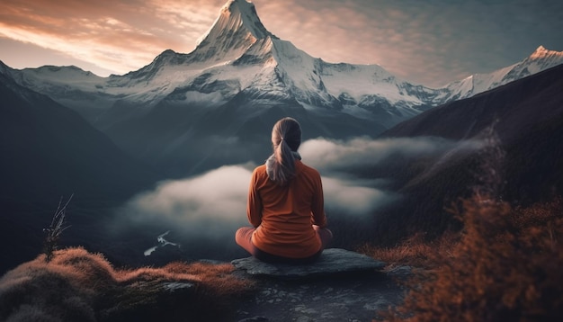 Meditando no pico da montanha cercado pela natureza gerada pela ia