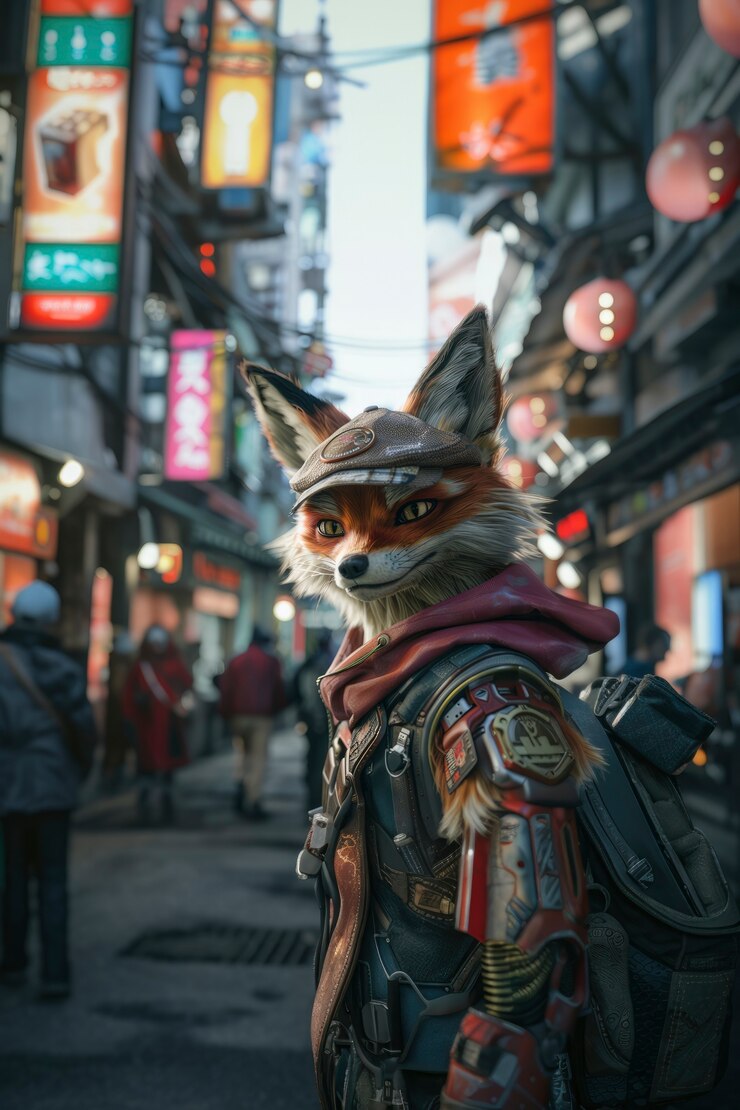 Foto grátis meio raposa, meio robô no estilo da fantasia.