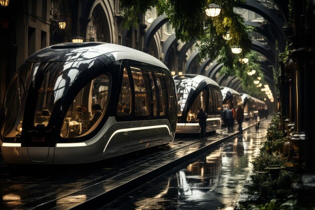 Meios futuristas de transporte na cidade ultra-moderna