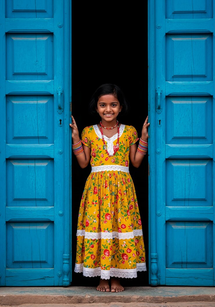 Foto grátis menina alegre de vestido amarelo de pé na porta