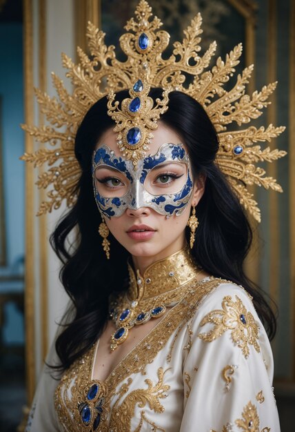 Menina asiática com máscara e coroa no palácio