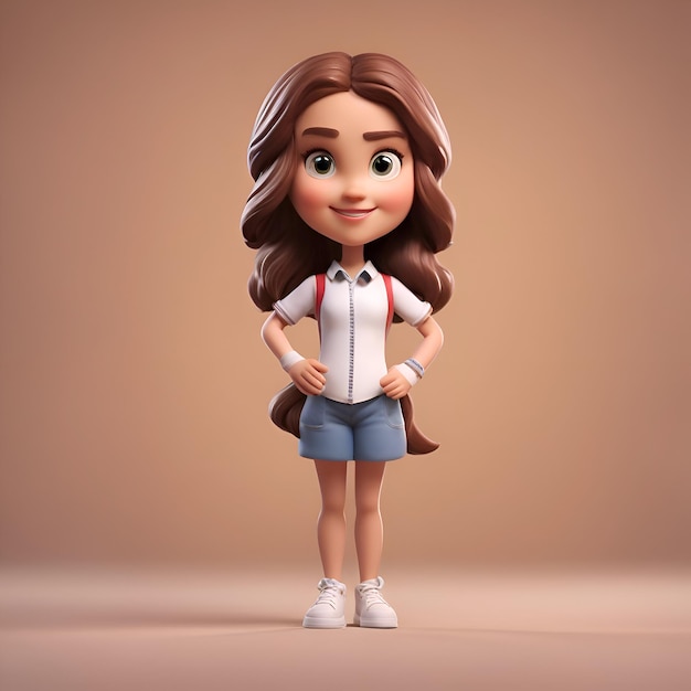 Menina bonita com cabelos castanhos longos ilustração 3d personagem de desenho animado