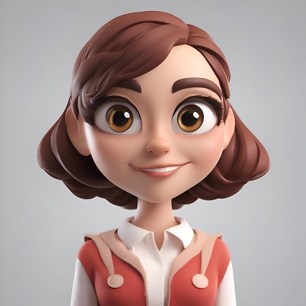 Foto grátis menina bonita de desenho animado com cabelo castanho e olhos castanhos renderização 3d