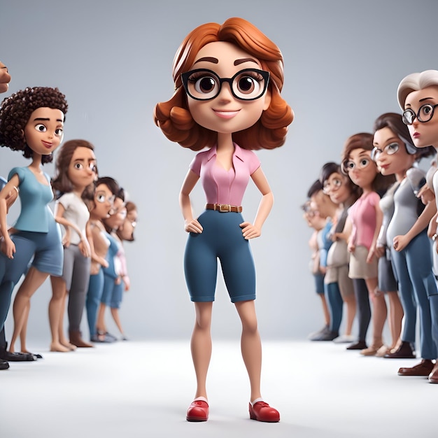 Foto grátis menina bonita de desenho animado com óculos de pé na frente de um grupo de pessoas