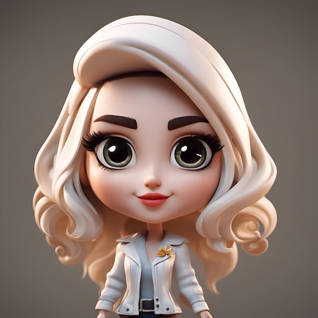 Menina bonita de desenho animado com um casaco branco e olhos azuis renderização 3d