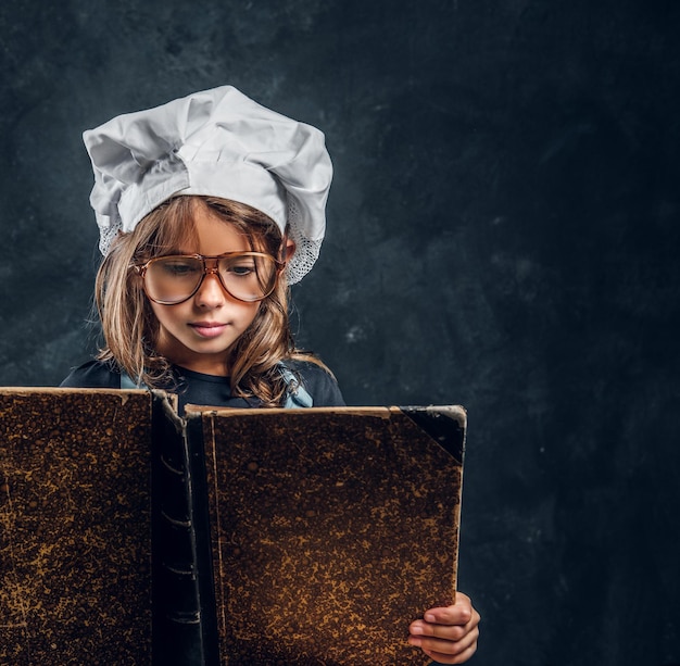 Menina bonita está lendo o livro de receitas e tem uma ótima ideia do que cozinhar para o jantar.