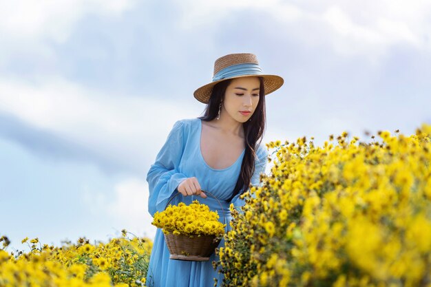 Menina bonita no campo de crisântemos em Chiang Mai, Tailândia