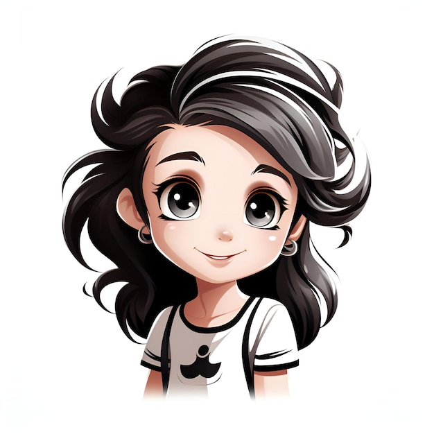 Foto grátis menina bonitinha com ilustração vetorial de desenhos animados de cabelo preto longo