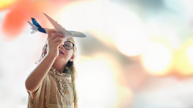 Menina brincando com um avião de brinquedo