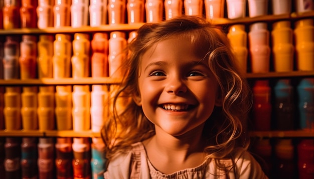Menina caucasiana sorridente desfrutando de livros na prateleira gerados por IA