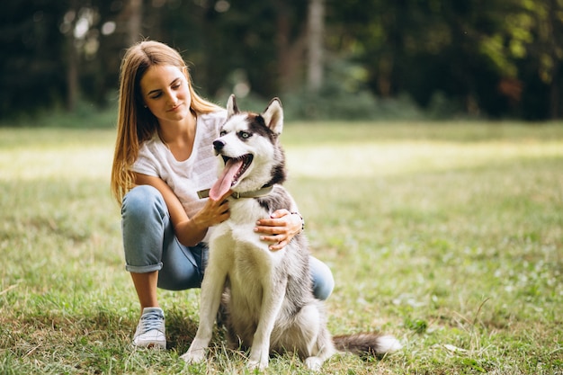 Menina, com, dela, cão, parque