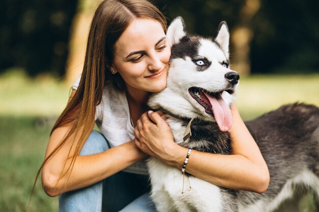 Menina, com, dela, cão, parque