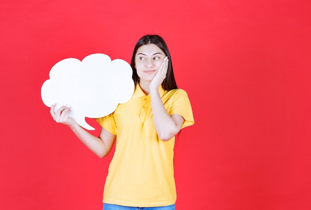 Menina com dresscode amarelo segurando uma placa de informações de forma de nuvem e parece confusa ou pensativa.