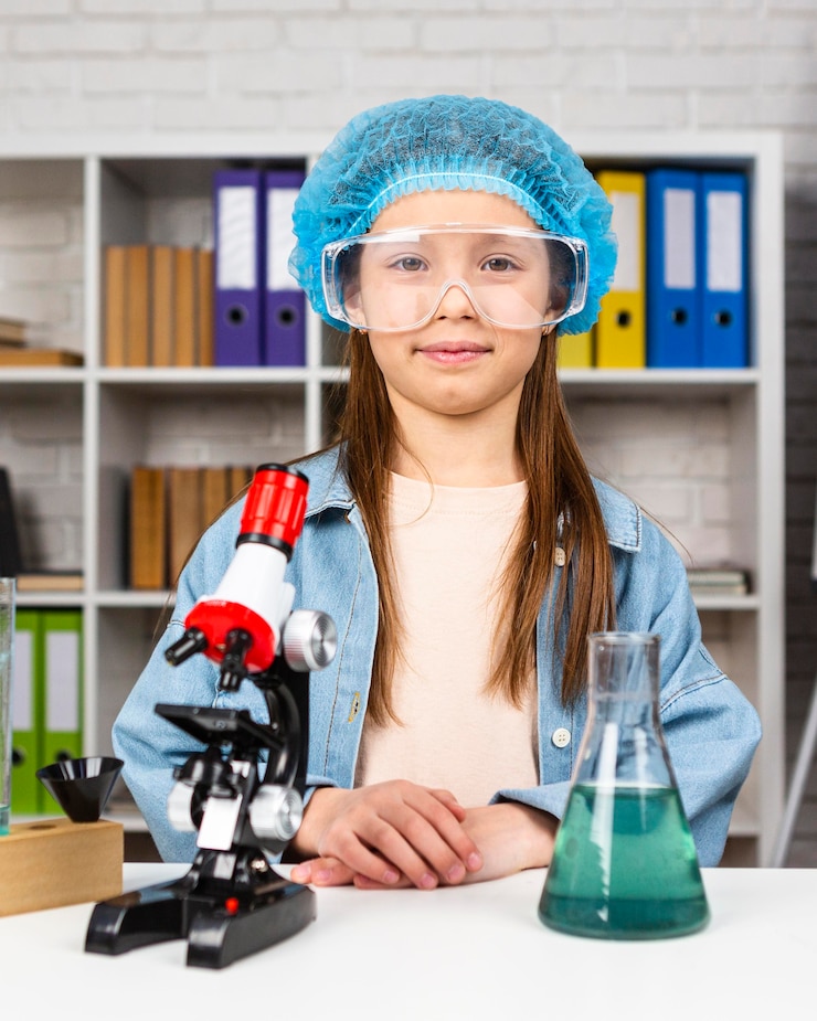 Foto grátis menina com rede para o cabelo e óculos de segurança fazendo experimentos científicos
