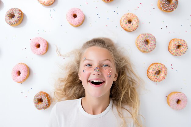 Foto grátis menina com rosquinhas deliciosas geradas por ai