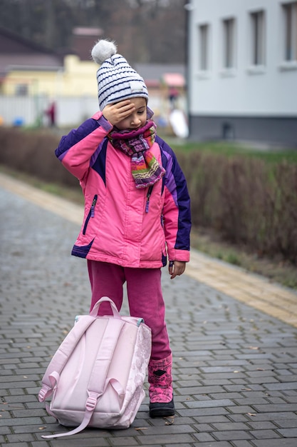 Menina com uma mochila em uma jaqueta e um chapéu perto da escola