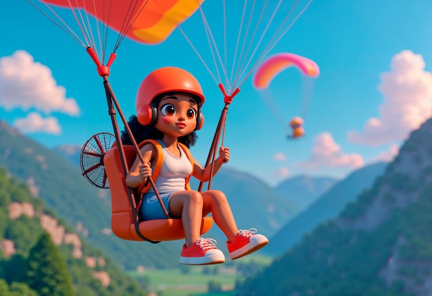 Menina de desenho animado a fazer parapente