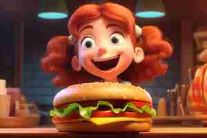 Foto grátis menina de desenho animado com hambúrguer