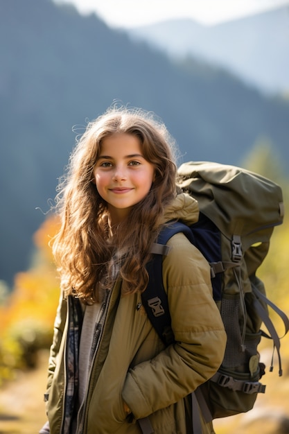 Menina de tiro médio a fazer caminhadas.