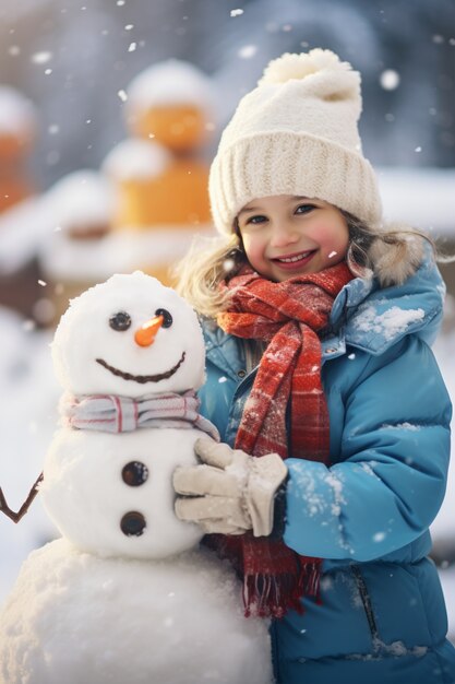 Menina de tiro médio a fazer um boneco de neve