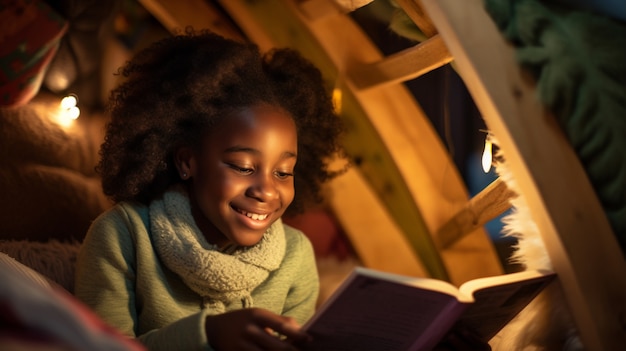Foto grátis menina de tiro médio a ler dentro de casa.