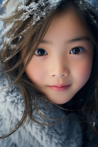 Menina de tom médio posando ao ar livre na estação de inverno