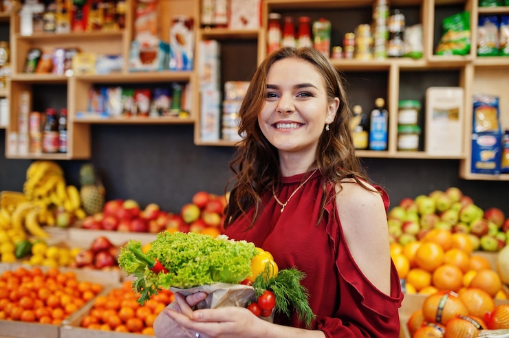 Foto grátis menina de vermelho segurando diferentes vegetais na loja de frutas