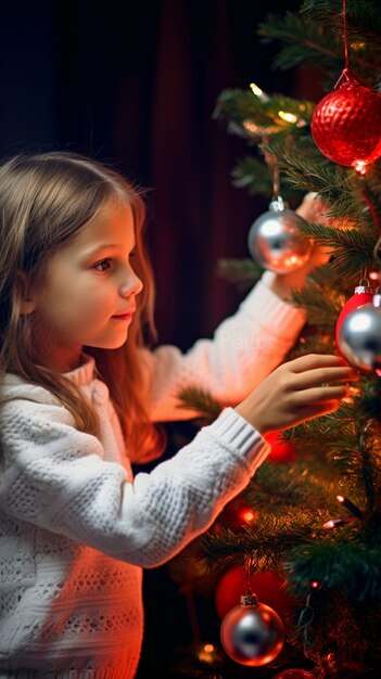 Menina decorando a árvore de Natal