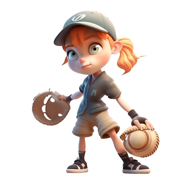 Menina jogadora de beisebol com uma bola e um taco em um fundo branco