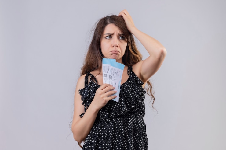 Foto grátis menina linda em um vestido de bolinhas segurando uma passagem aérea, parecendo descontente com uma expressão triste no rosto em pé sobre um fundo branco