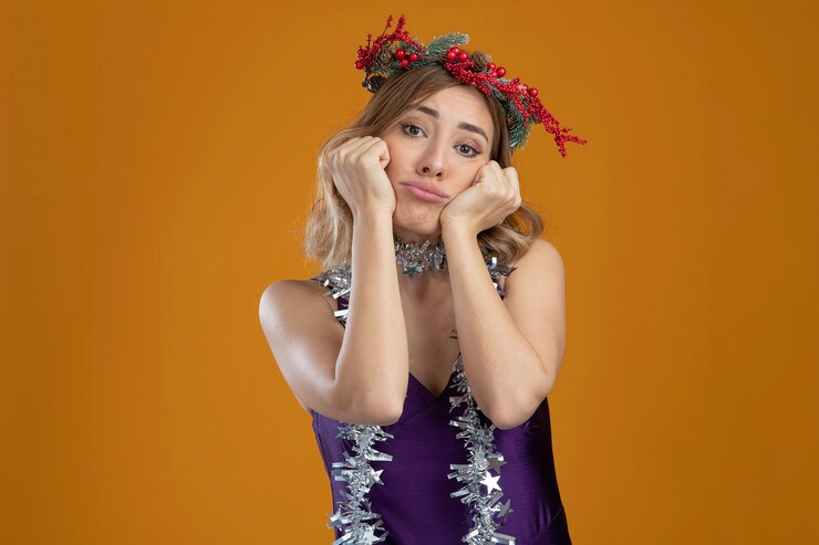 Foto grátis menina linda jovem triste com vestido roxo com coroa de flores, colocando as mãos nas bochechas isoladas em fundo marrom