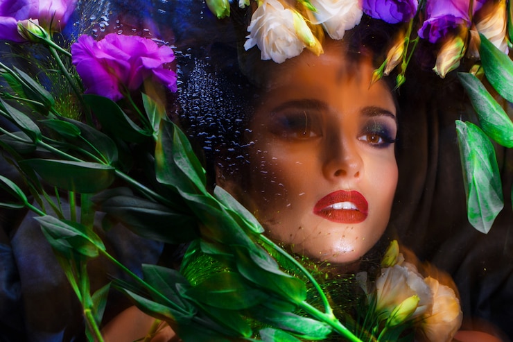 Foto grátis menina morena bonita com maquiagem brilhante deitado entre eustomas.