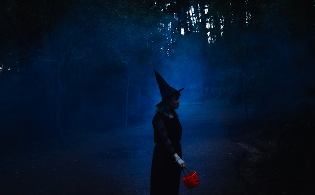 Menina no chapéu da bruxa na madeira da noite