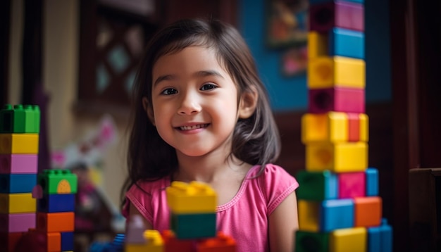Menina pré-escolar caucasiana sorrindo empilhando blocos multicoloridos gerados por IA