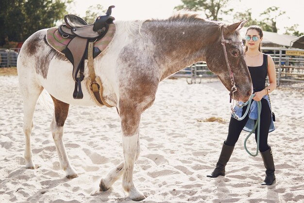 Menina, preparar, passeio, cavalo