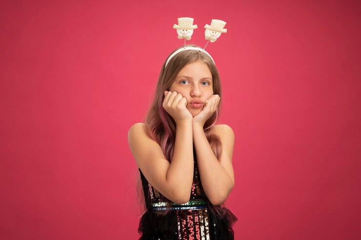 Foto grátis menina ressentida com vestido de festa brilhante e tiara engraçada olhando para a câmera soprando bochechas conceito de feriado de celebração de ano novo em pé sobre fundo rosa