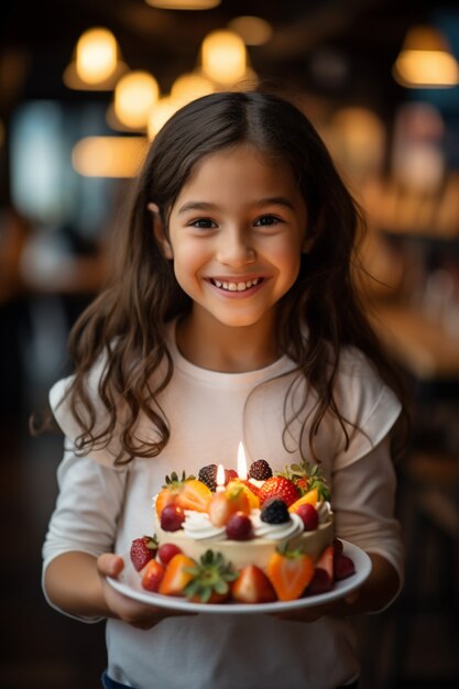 Menina segurando um delicioso bolo de aniversário