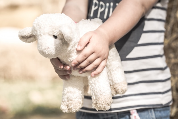 menina, segurando uma ovelha de brinquedo