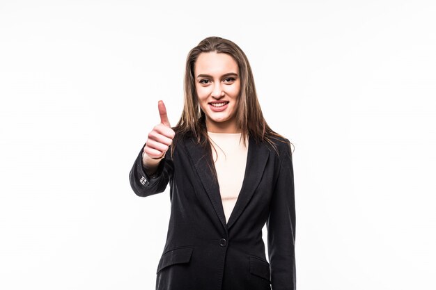 Menina sorridente de negócios isolada sobre o branco