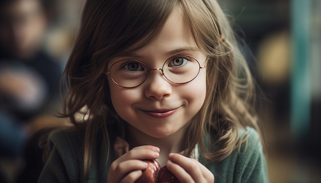 Menina sorridente de olhos castanhos em retrato de óculos gerado por IA