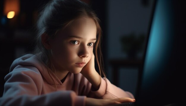 Menina sorridente sentada na janela aprendendo tecnologia gerada por IA