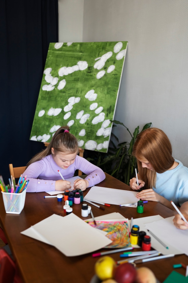Foto grátis meninas de tiro médio pintando dentro de casa