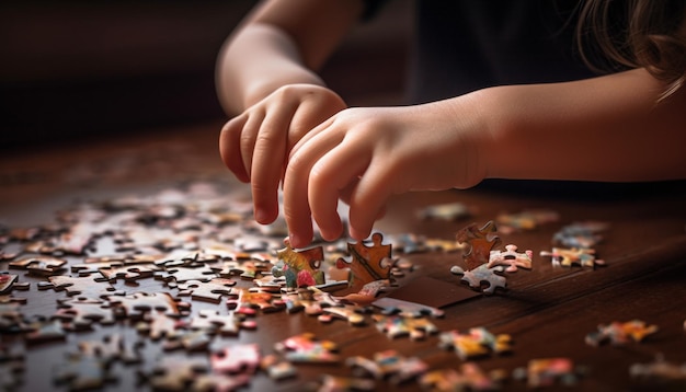 Meninas e meninos brincando juntos resolvendo quebra-cabeças gerados por ia